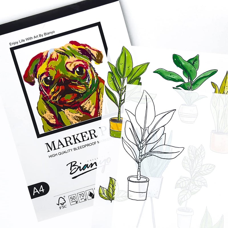 Bianyo Bleedproof Marker Paper Pad, A4(8.27""X11.69""), 50 Sheets, 18 LB / 70 GSM, Glue-Bound, 100% Cotton, White, Ideal for Use with Markers and Ink Mediums - Image 5